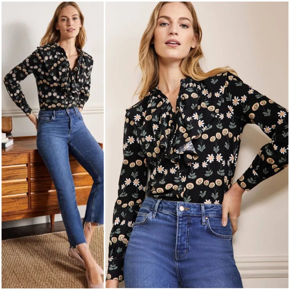 BODEN Ruffle Front Jersey Shirt Floral Blouse Top Bohemian Romantic size 8R